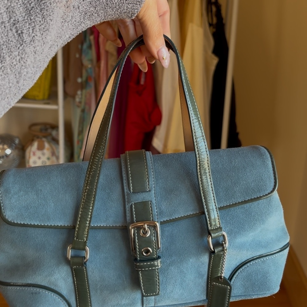 Coach Blue and Green Shoulder Bag with Suede Finish